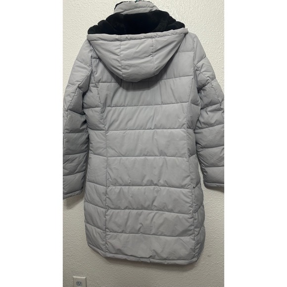 Andrew Marc Stretch Light Gray Hooded Puffer Parka Coat Faux Fur Collar Womens M